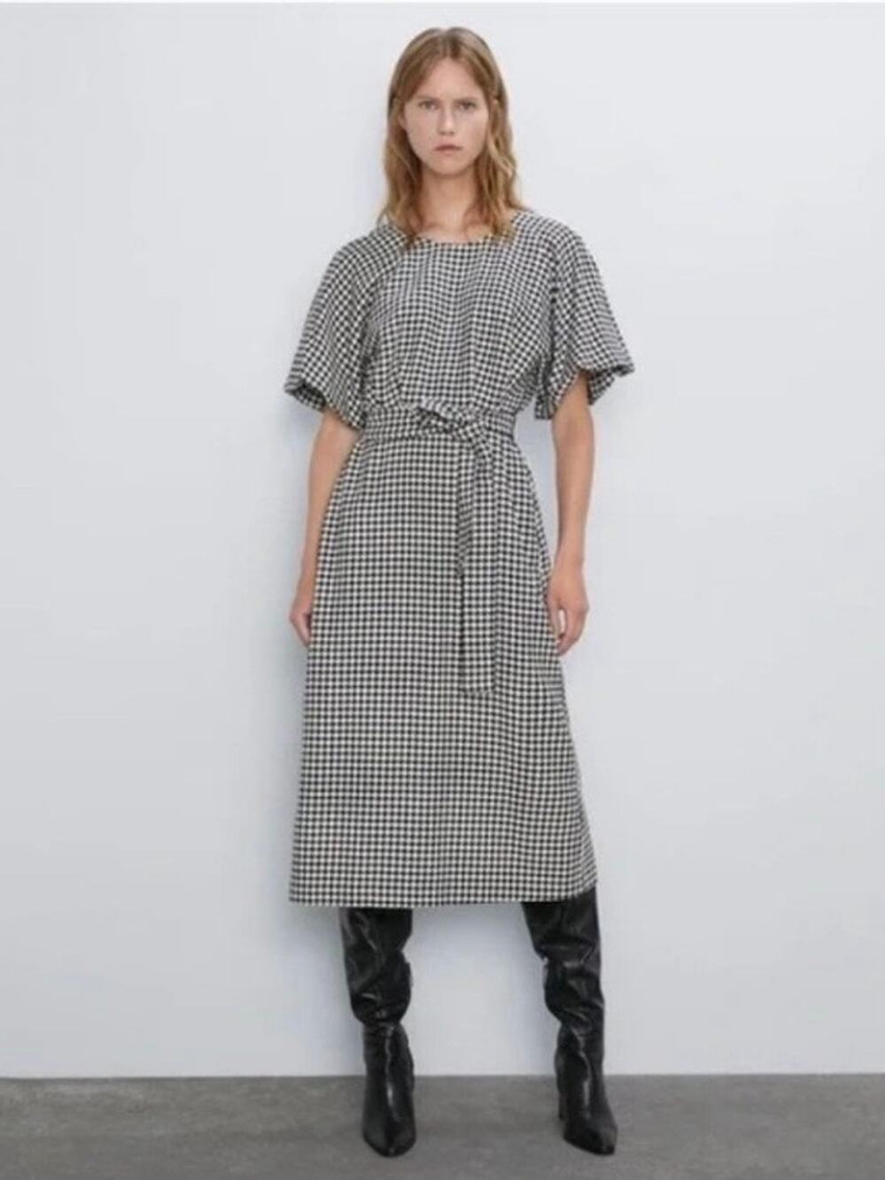 Zara Black&White Houndstooth Balloon Sleeve Blogger Favorite Midi Dress Sz.L